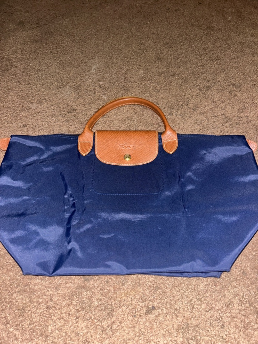 Longchamp Le Pliage Navy Tote with Tan Leather Trim Good Condition